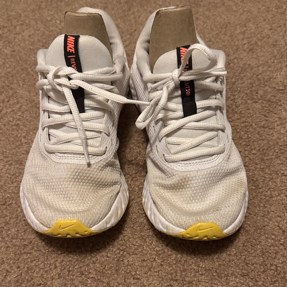 Nike White and Pink Sneakers with Yellow Accents - Picture 2 of 5